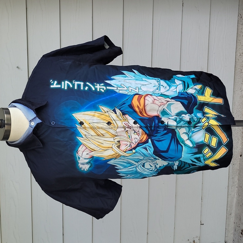 DRAGON BALL Z‎ Black Blue Polyester Forever 21 XL Button Down Short Sleeve Shirt